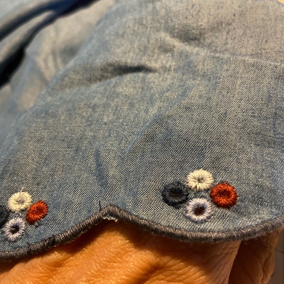 LED Lux Essential Denim maternity one shoulder dress. Embroidered. Sm - Picture 2 of 6